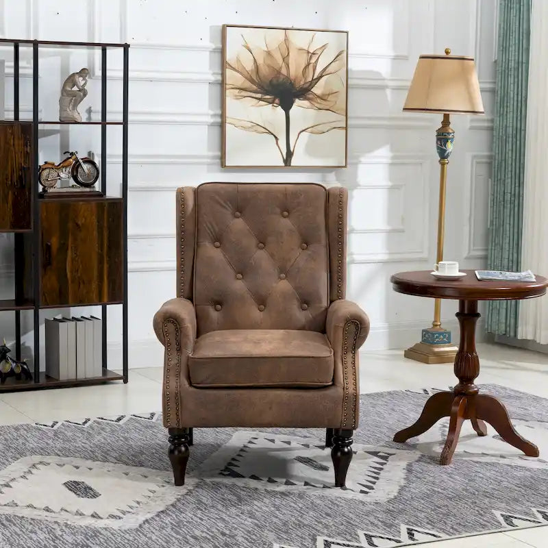 Fauteuil en velours/cuir touffeté à ossature bois de style Mid-Century