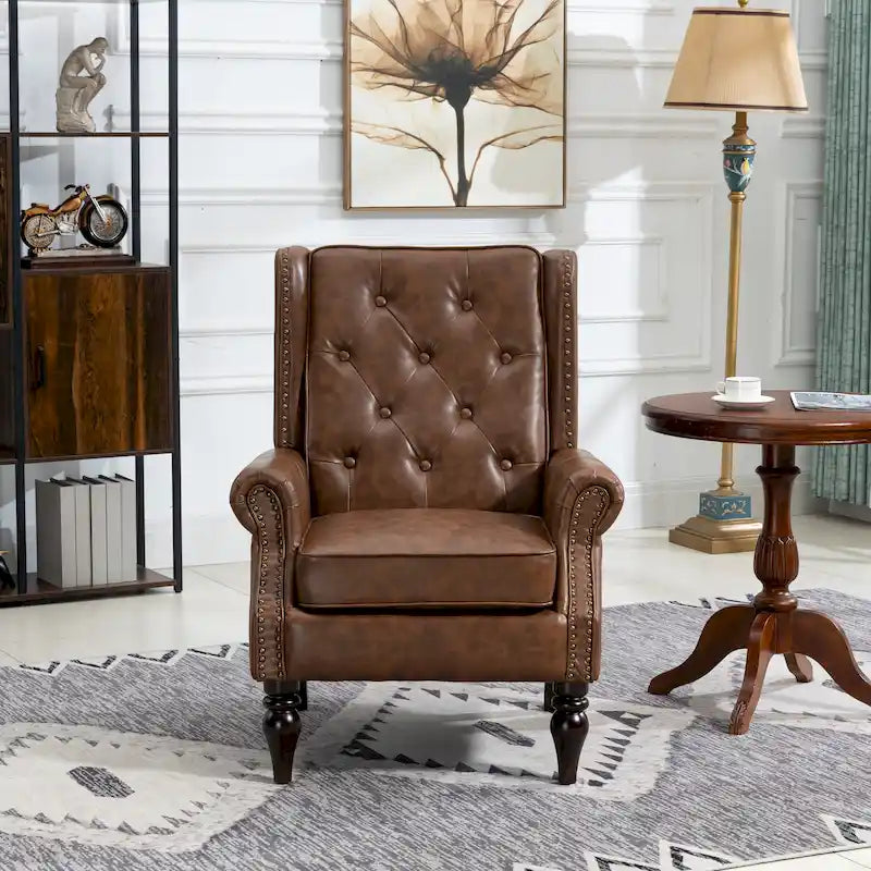 Fauteuil en velours/cuir touffeté à ossature bois de style Mid-Century