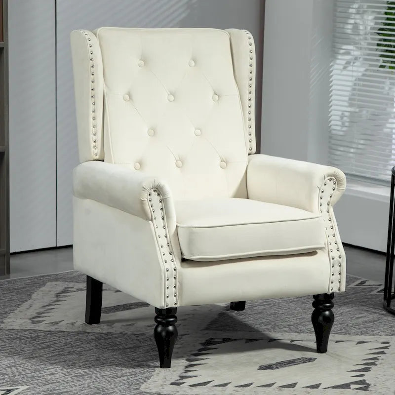 Fauteuil en velours/cuir touffeté à ossature bois de style Mid-Century