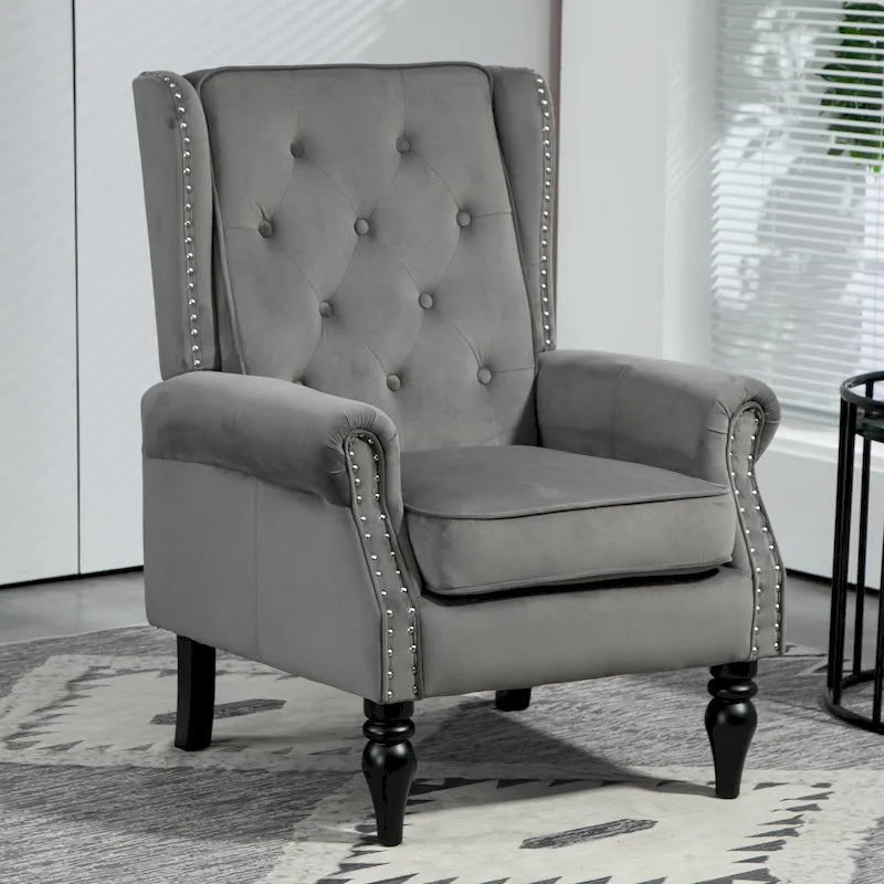 Fauteuil en velours/cuir touffeté à ossature bois de style Mid-Century