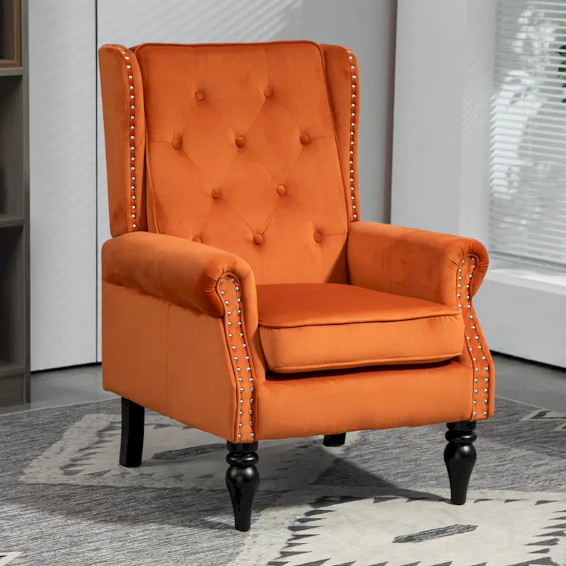 Fauteuil en velours/cuir touffeté à ossature bois de style Mid-Century