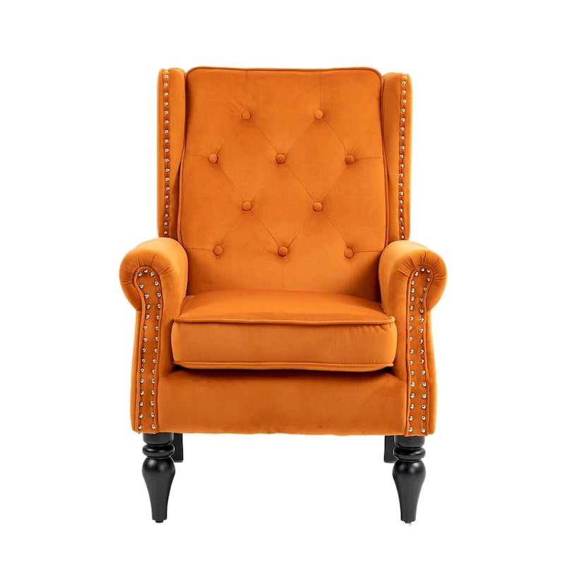 Fauteuil en velours/cuir touffeté à ossature bois de style Mid-Century