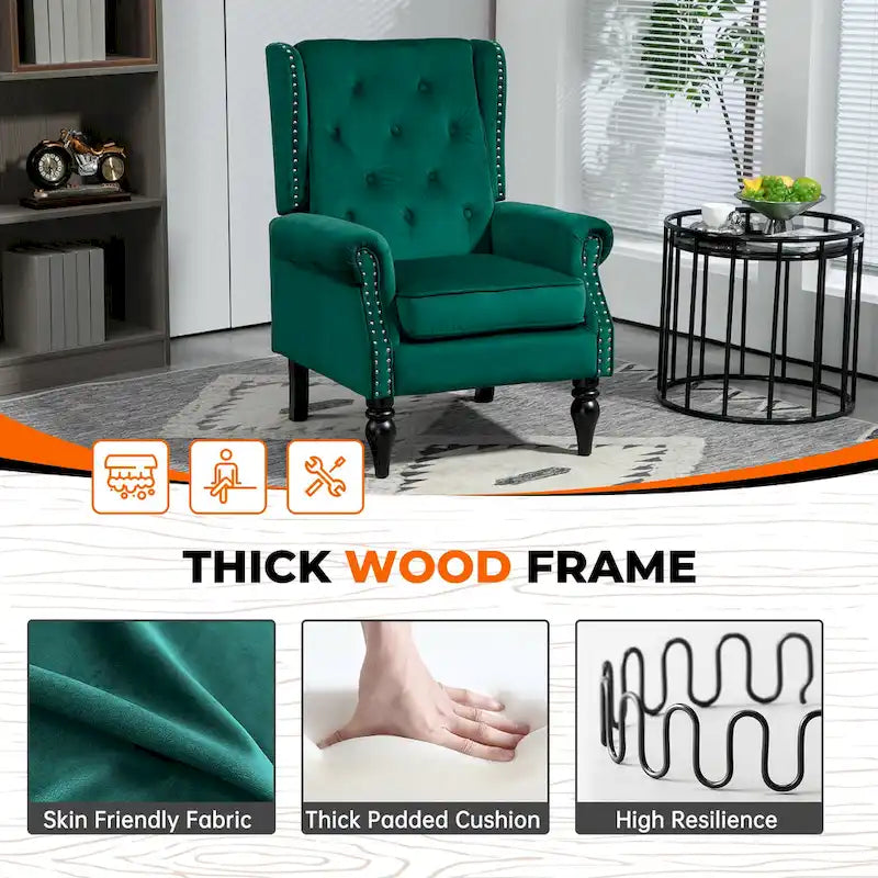 Fauteuil en velours/cuir touffeté à ossature bois de style Mid-Century