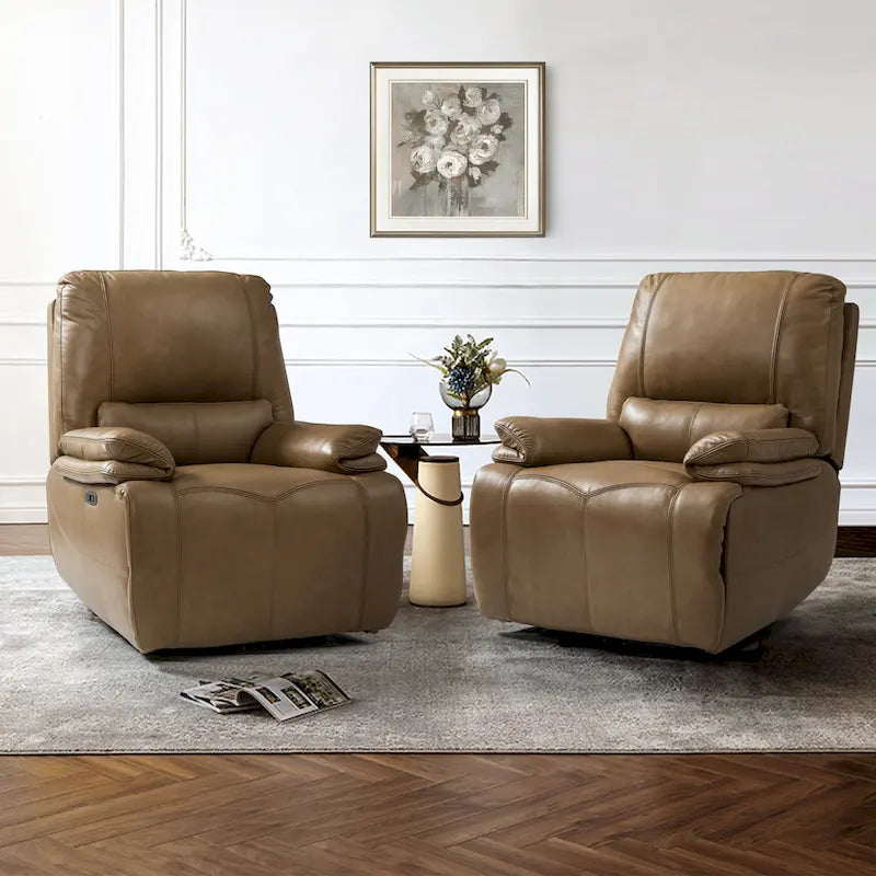 Fauteuil inclinable électrique Clara en cuir véritable avec rembourrage moelleux, lot de 2