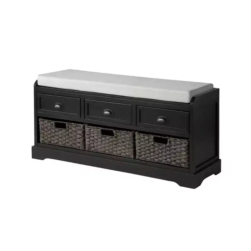 Banc de rangement, banc de rangement en bois avec 3 tiroirs et 3 paniers, banc à chaussures d'entrée avec coussin pour salon, couloir, entrée