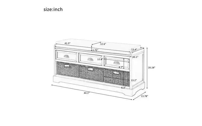 Banc de rangement, banc de rangement en bois avec 3 tiroirs et 3 paniers, banc à chaussures d'entrée avec coussin pour salon, couloir, entrée