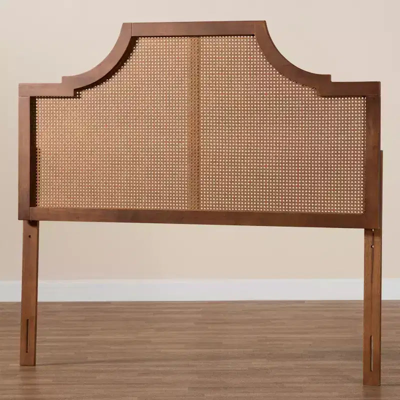 Tête de lit Queen Size Baxton Studio Risha en bois et rotin finition noyer cendré, style milieu du siècle