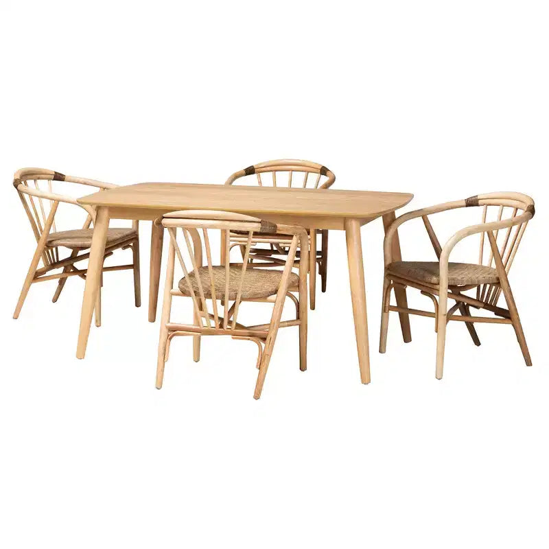 Ensemble de salle à manger 5 pièces Baxton Studio Kyoto moderne bohème en bois finition brun naturel et rotin