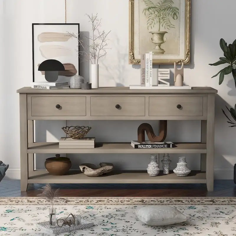 Table console de style rétro avec 2 étagères ouvertes et 3 tiroirs, cadre et pieds en bois de pin massif pour salon, entrée