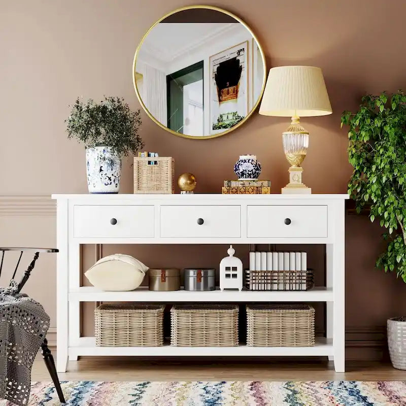 Table console de style rétro avec 2 étagères ouvertes et 3 tiroirs, cadre et pieds en bois de pin massif pour salon, entrée