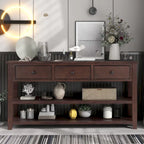Table console de style rétro avec 2 étagères ouvertes et 3 tiroirs, cadre et pieds en bois de pin massif pour salon, entrée