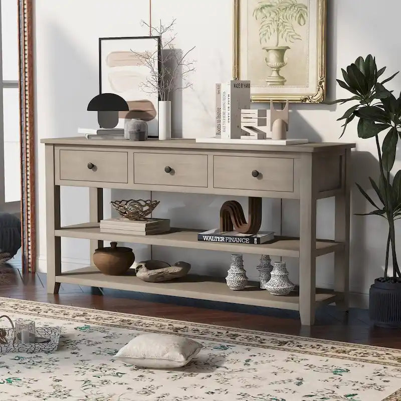 Table console de style rétro avec 2 étagères ouvertes et 3 tiroirs, cadre et pieds en bois de pin massif pour salon, entrée