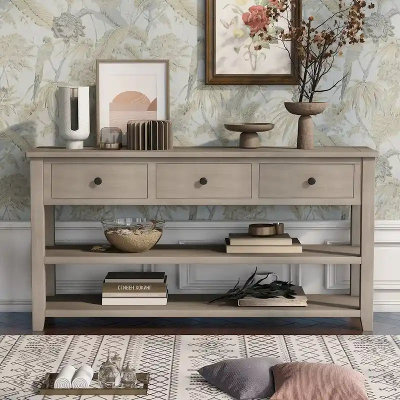 Table console de style rétro avec 2 étagères ouvertes et 3 tiroirs, cadre et pieds en bois de pin massif pour salon, entrée