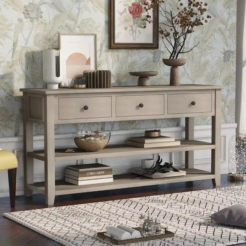Table console de style rétro avec 2 étagères ouvertes et 3 tiroirs, cadre et pieds en bois de pin massif pour salon, entrée