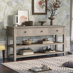 Table console de style rétro avec 2 étagères ouvertes et 3 tiroirs, cadre et pieds en bois de pin massif pour salon, entrée