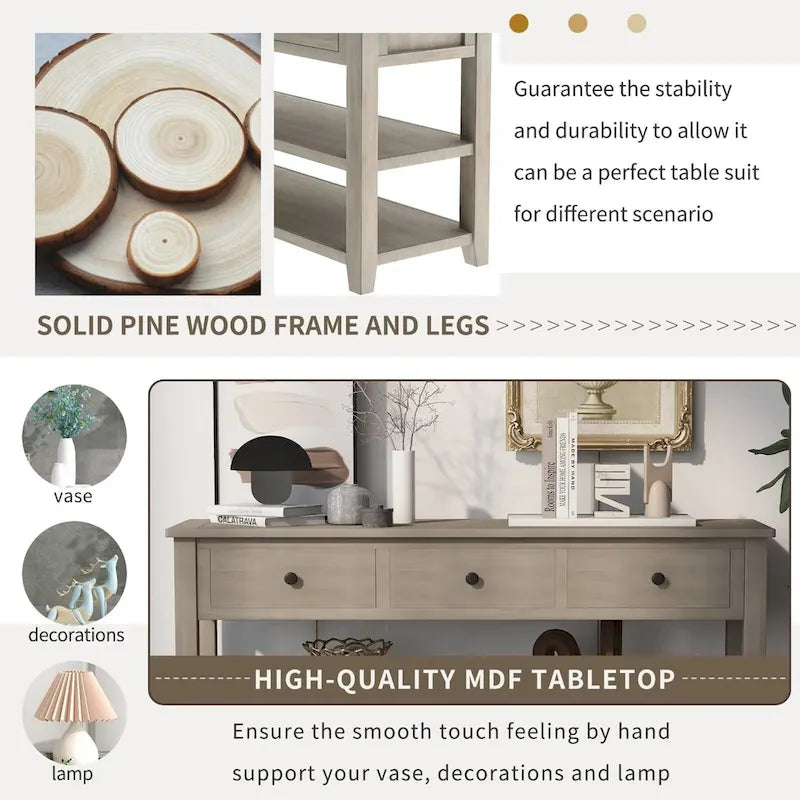 Table console de style rétro avec 2 étagères ouvertes et 3 tiroirs, cadre et pieds en bois de pin massif pour salon, entrée