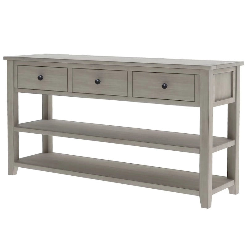 Table console de style rétro avec 2 étagères ouvertes et 3 tiroirs, cadre et pieds en bois de pin massif pour salon, entrée
