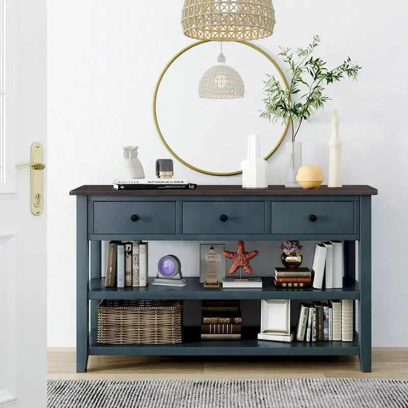 Table console de style rétro avec 2 étagères ouvertes et 3 tiroirs, cadre et pieds en bois de pin massif pour salon, entrée