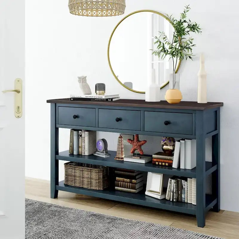 Table console de style rétro avec 2 étagères ouvertes et 3 tiroirs, cadre et pieds en bois de pin massif pour salon, entrée