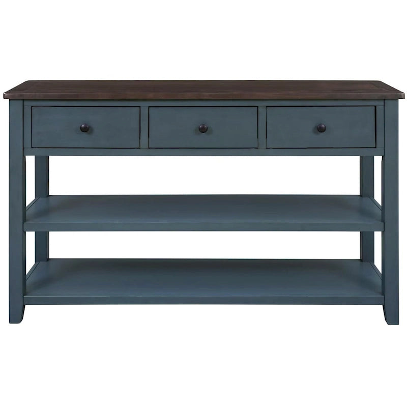 Table console de style rétro avec 2 étagères ouvertes et 3 tiroirs, cadre et pieds en bois de pin massif pour salon, entrée