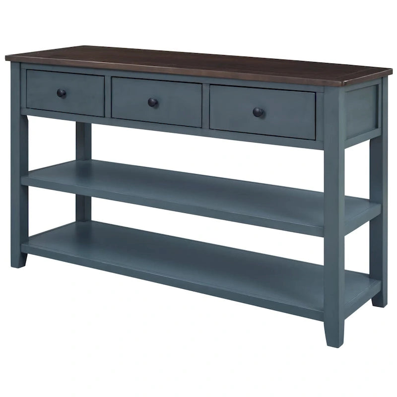 Table console de style rétro avec 2 étagères ouvertes et 3 tiroirs, cadre et pieds en bois de pin massif pour salon, entrée
