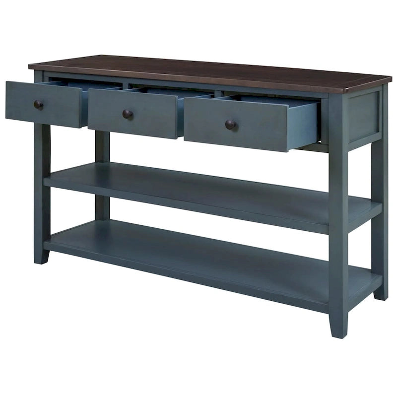 Table console de style rétro avec 2 étagères ouvertes et 3 tiroirs, cadre et pieds en bois de pin massif pour salon, entrée