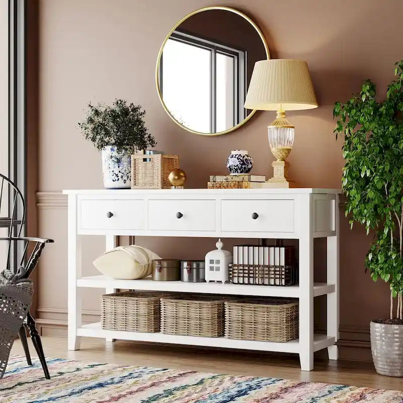 Table console de style rétro avec 2 étagères ouvertes et 3 tiroirs, cadre et pieds en bois de pin massif pour salon, entrée