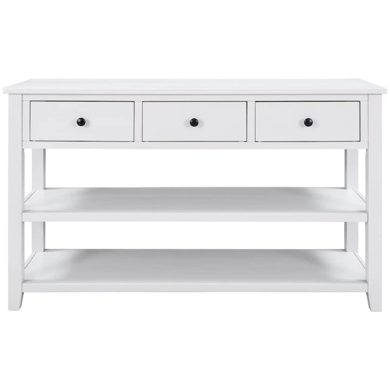 Table console de style rétro avec 2 étagères ouvertes et 3 tiroirs, cadre et pieds en bois de pin massif pour salon, entrée