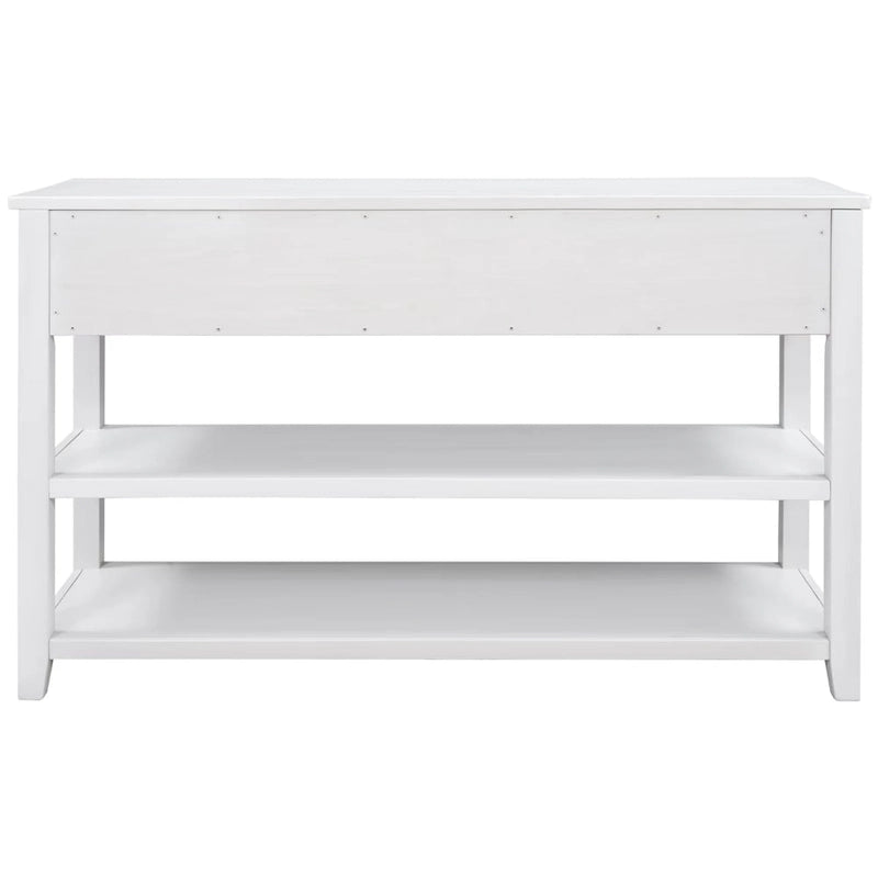 Table console de style rétro avec 2 étagères ouvertes et 3 tiroirs, cadre et pieds en bois de pin massif pour salon, entrée