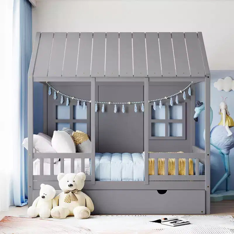 Lit cabane en bois double/complet, lit plateforme en bois avec lit gigogne double, blanc/gris, 4L -ModernLuxe