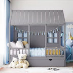 Lit cabane en bois double/complet, lit plateforme en bois avec lit gigogne double, blanc/gris, 4L -ModernLuxe