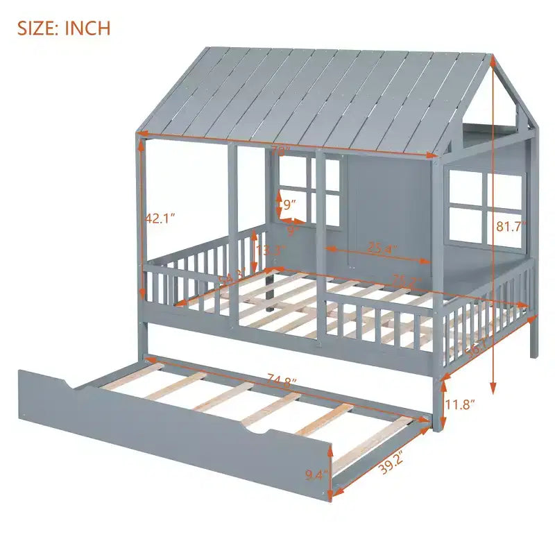 Lit cabane en bois double/complet, lit plateforme en bois avec lit gigogne double, blanc/gris, 4L -ModernLuxe