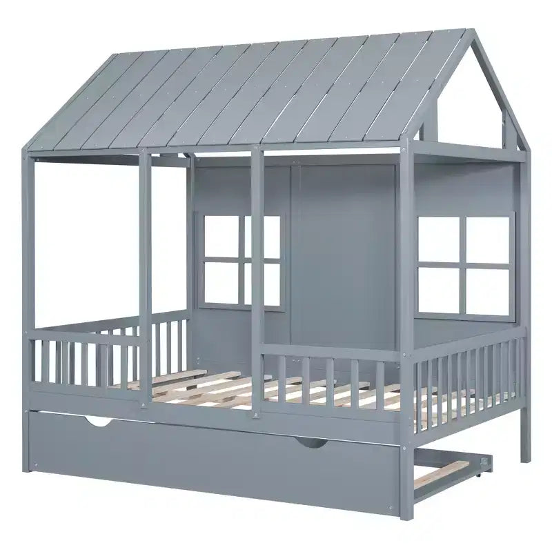 Lit cabane en bois double/complet, lit plateforme en bois avec lit gigogne double, blanc/gris, 4L -ModernLuxe