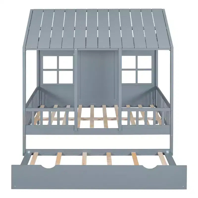 Lit cabane en bois double/complet, lit plateforme en bois avec lit gigogne double, blanc/gris, 4L -ModernLuxe