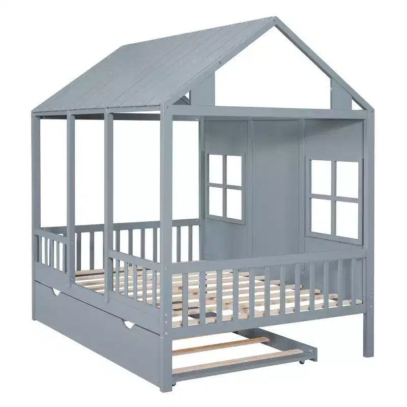 Lit cabane en bois double/complet, lit plateforme en bois avec lit gigogne double, blanc/gris, 4L -ModernLuxe