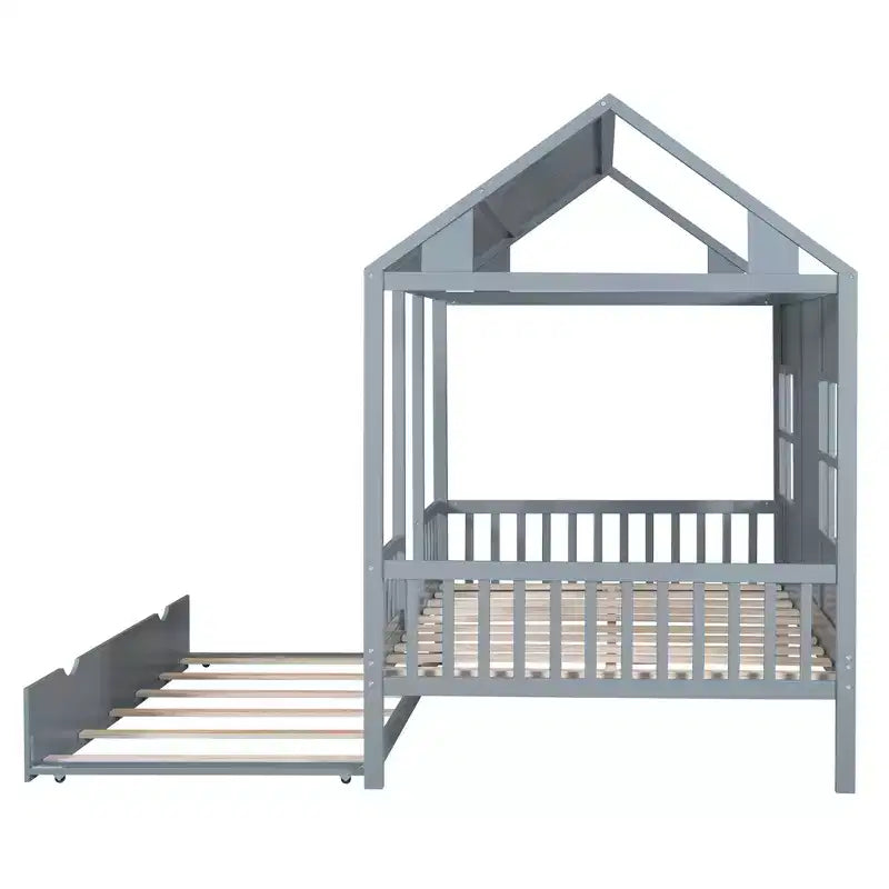 Lit cabane en bois double/complet, lit plateforme en bois avec lit gigogne double, blanc/gris, 4L -ModernLuxe
