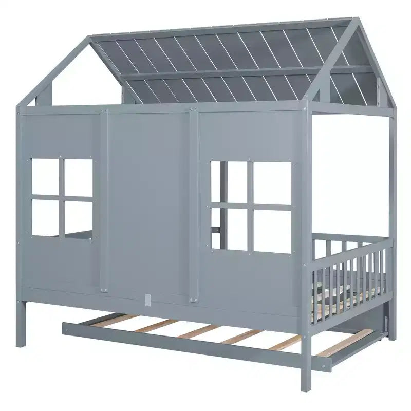 Lit cabane en bois double/complet, lit plateforme en bois avec lit gigogne double, blanc/gris, 4L -ModernLuxe