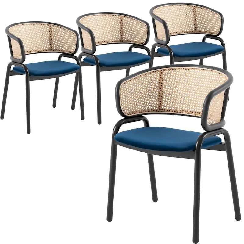 Chaise de salle à manger Ervilla moderne à dossier en osier avec accoudoirs et assise rembourrée en velours pour salle à manger et cuisine, lot de 4 - 29.9