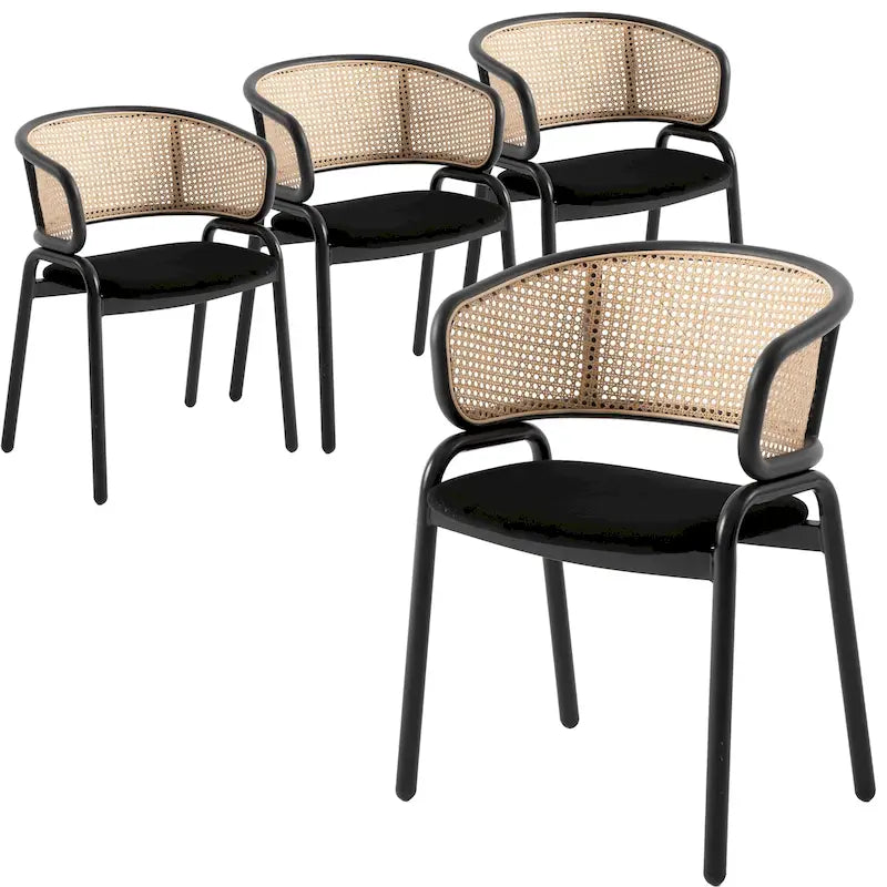 Chaise de salle à manger Ervilla moderne à dossier en osier avec accoudoirs et assise rembourrée en velours pour salle à manger et cuisine, lot de 4 - 29.9