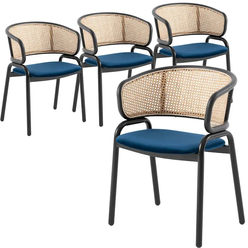 Chaise de salle à manger Ervilla moderne à dossier en osier avec accoudoirs et assise rembourrée en velours pour salle à manger et cuisine, lot de 4 - 29.9