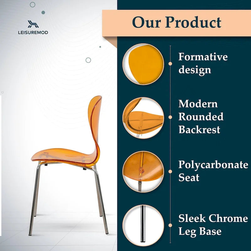 Chaise de salle à manger empilable en plastique avec pieds chromés Lot de 4 Chaises d'appoint transparentes pour intérieur et extérieur