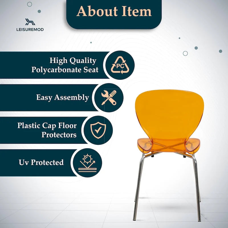 Chaise de salle à manger empilable en plastique avec pieds chromés Lot de 4 Chaises d'appoint transparentes pour intérieur et extérieur