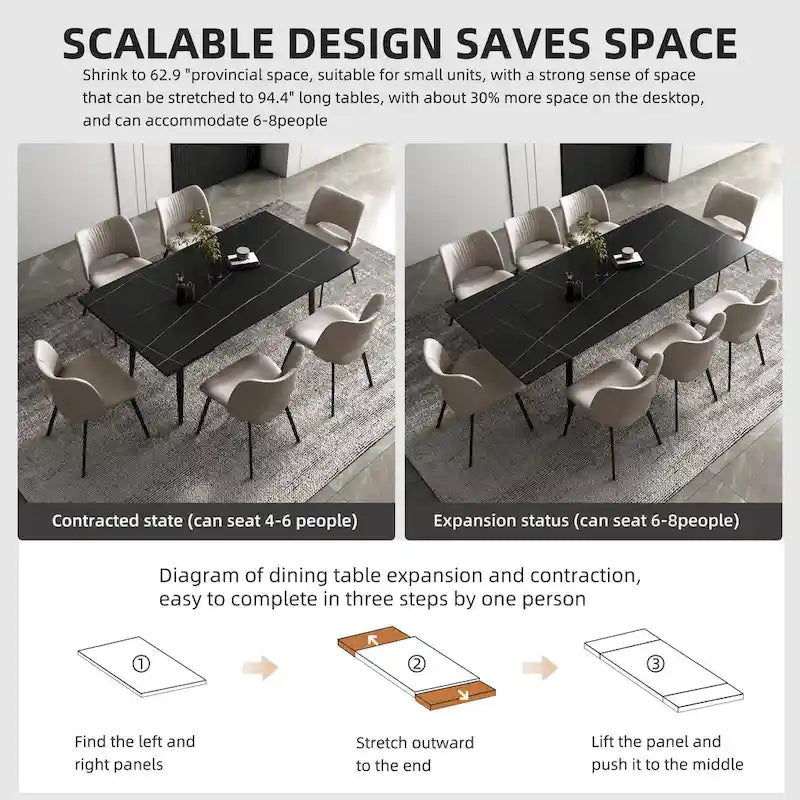 Ensemble table de salle à manger extensible de 9 pièces de 160 cm à 240 cm avec plateau en pierre frittée et 8 chaises