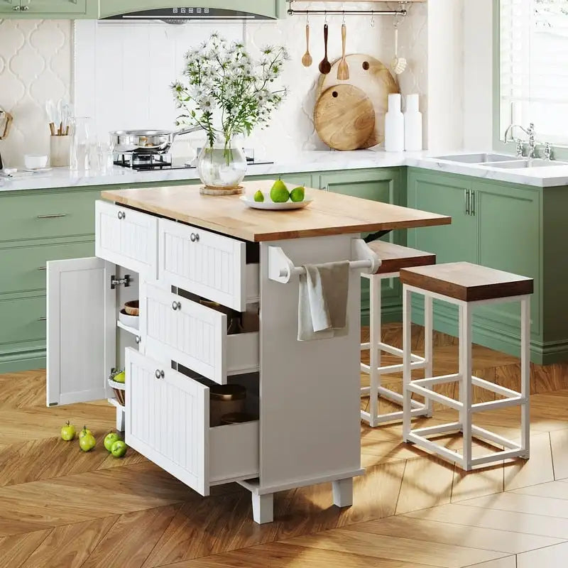 3-Piece Kitchen Island Set with Drop Leaf and 2 Seatings, Dining Table Set with Storage Cabinet, Drawers and Towel Rack