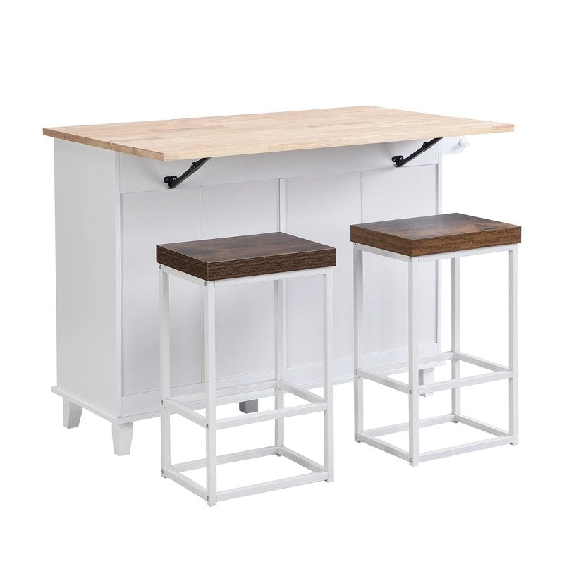 Ensemble îlot de cuisine 3 pièces avec abattant et 2 places assises, ensemble table à manger avec meuble de rangement, tiroirs et porte-serviettes