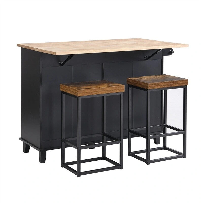 Ensemble îlot de cuisine 3 pièces avec abattant et 2 places assises, ensemble table à manger avec meuble de rangement, tiroirs et porte-serviettes