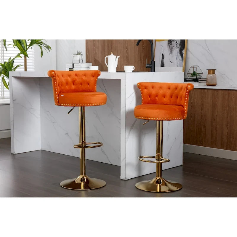Tabourets de bar pivotants à hauteur réglable en velours capitonné avec rivets dorés et repose-pieds (lot de 2)