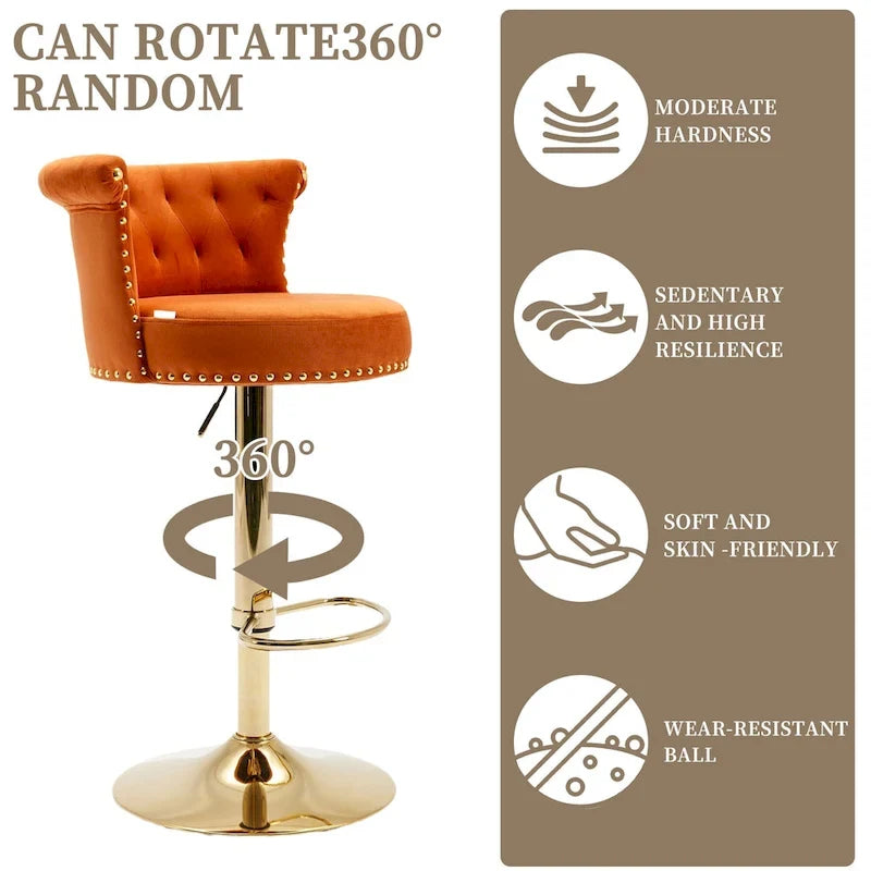 Tabourets de bar pivotants à hauteur réglable en velours capitonné avec rivets dorés et repose-pieds (lot de 2)