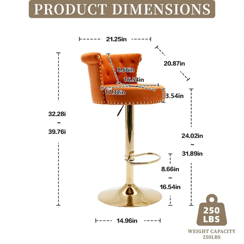 Tabourets de bar pivotants à hauteur réglable en velours capitonné avec rivets dorés et repose-pieds (lot de 2)