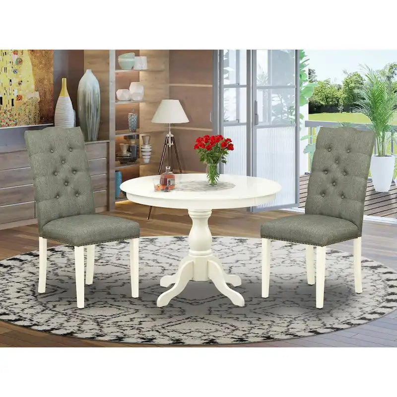 Ensemble de salle à manger 3 pièces comprenant une table à manger ronde et 2 chaises Parson en tissu de lin, (Options de finition)